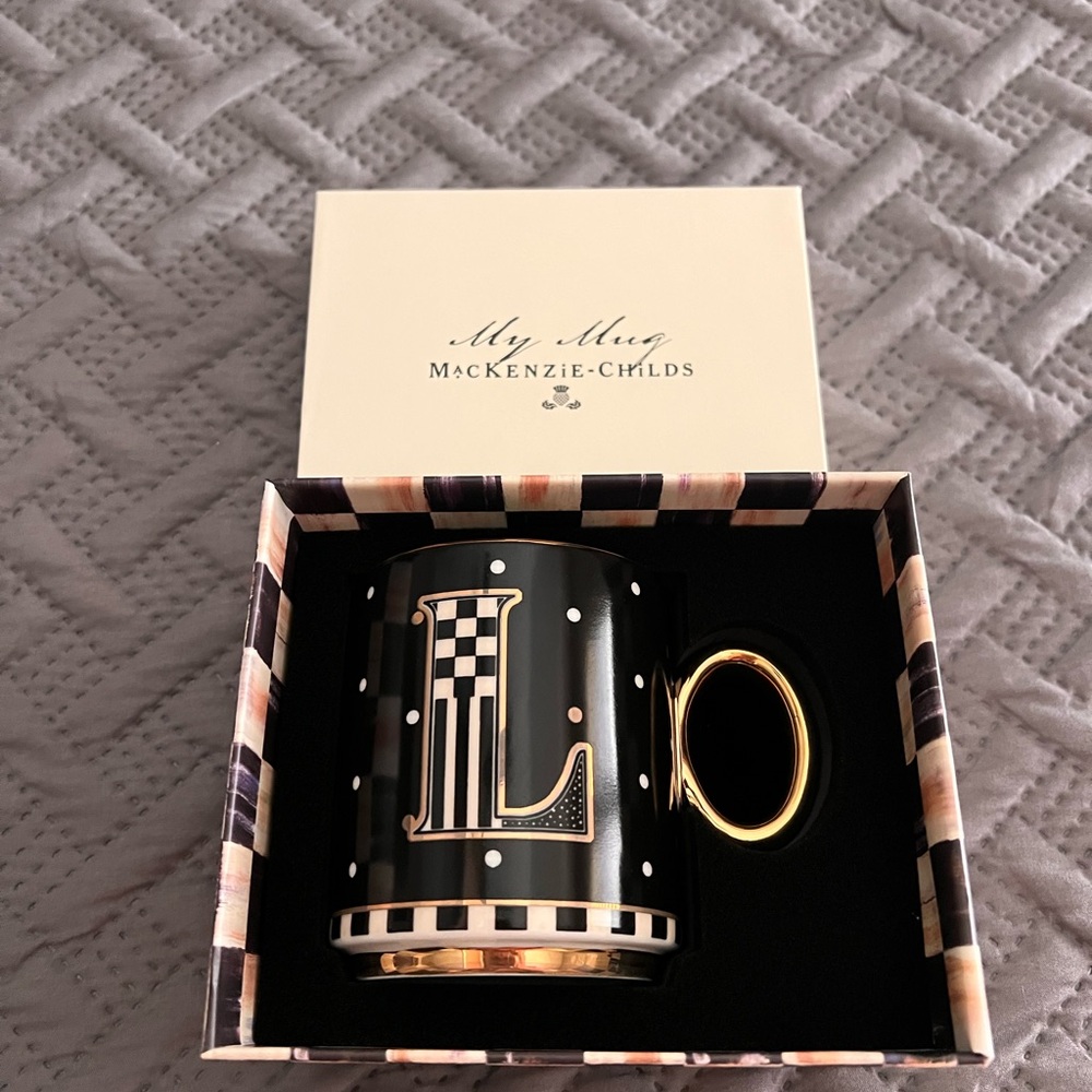 MacKenzie-Childs Monogrammed Black and Gold Mug